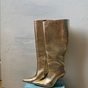 Gold PU Crinkle Point Toe Knee High Stiletto Heeled Boots